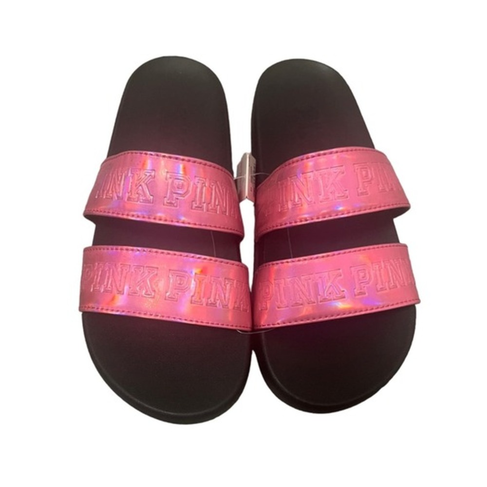 Victoria Secret Pink Holographic Gradient Pink Double Strap Pool Slide Size M